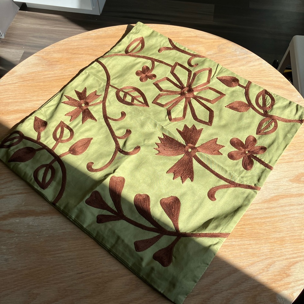 Olive green Pier 1 zippered pillow cover with brown floral embroidery 17" sq